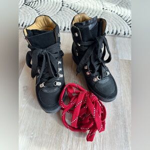 Isabel Marant Black Hiking Boots with Red Laces Canvas Leather 35 Women